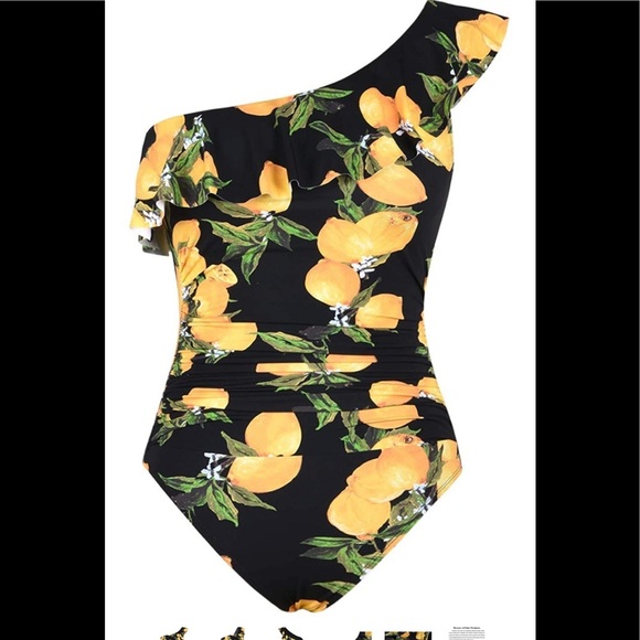 NWT Hilor black with lemons one ruffled shoulder one piece swimsuit ruched. - Picture 1 of 15
